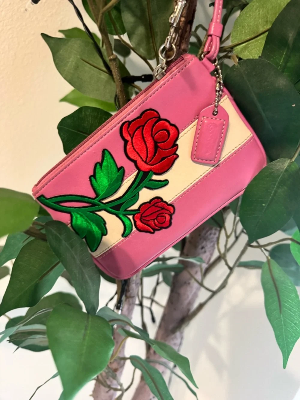 Rare Coach Pink Rose Appliqué Wristlet with Cream Stripe